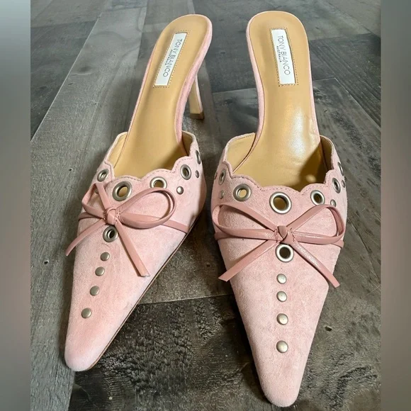 Tony Bianco Pink Suede Mule Heels Bow Grommet Pointed Toe Pumps - Picture 1 of 10